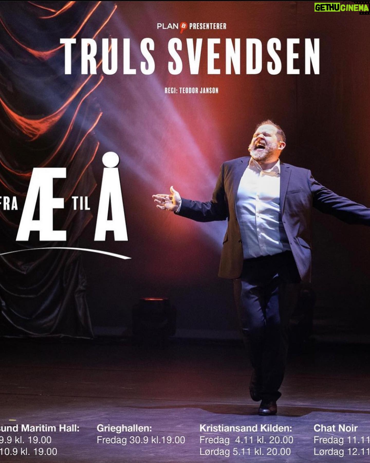 Truls Svendsen - 4.3K Likes - Spiller showet «Fra Æ til Å» i høst;
Haugesund 9-10 sep.
Bergen 30 sep.
Kristiansand 4-5 nov.
Oslo Chat Noir 11-12 nov.
Billetter finner du på hjemmesiden til Kulturhusene jeg besøker.
Håper vi sees!