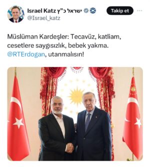 Tuğçe Kazaz Instagram - Gazze’de altı ayda 34 binin üzerinde sivil Filistinliyi katleden, fosfor bombalarıyla el kadar bebekleri diri diri yakan, hamile kadınlara tecavüz eden, ölülerin organlarını çalan, küçücük çocukları hapse atan, tanklarla insanları ezen, Filistinlilerin topraklarını çalan, evlerine çöken, Gazze halkının beslenme ve barınma gibi yaşamsal haklarını gaspedip açlığa mahkum eden, okul-hastane-cami-kilise demeden bombalayan, doktor, gazeteci ve yardım çalışanlarını öldüren İsra*l Terör Devleti’nin dışişleri bakanı Katz, hiç utanmadan kalkıp Hamas’ın Siyasi Büro Başkanı İsmail Haniye ve heyetiyle görüşen Cumhurbaşkanı Erdoğan’a utanmalısın diyor. Yavuz hırsız ev sahibini bastırırmış, bunlarınki de o hesap!