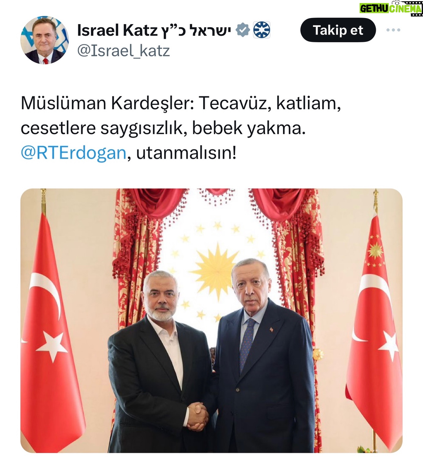 Tuğçe Kazaz - 10.6K Likes - Gazze’de altı ayda 34 binin üzerinde sivil Filistinliyi katleden, fosfor bombalarıyla el kadar bebekleri diri diri yakan, hamile kadınlara tecavüz eden, ölülerin organlarını çalan, küçücük çocukları hapse atan, tanklarla insanları ezen, Filistinlilerin topraklarını çalan, evlerine çöken, Gazze halkının beslenme ve barınma gibi yaşamsal haklarını gaspedip açlığa mahkum eden, okul-hastane-cami-kilise demeden bombalayan, doktor, gazeteci ve yardım çalışanlarını öldüren İsra*l Terör Devleti’nin dışişleri bakanı Katz, hiç utanmadan kalkıp Hamas’ın Siyasi Büro Başkanı İsmail Haniye ve heyetiyle görüşen Cumhurbaşkanı Erdoğan’a utanmalısın diyor. Yavuz hırsız ev sahibini bastırırmış, bunlarınki de o hesap!