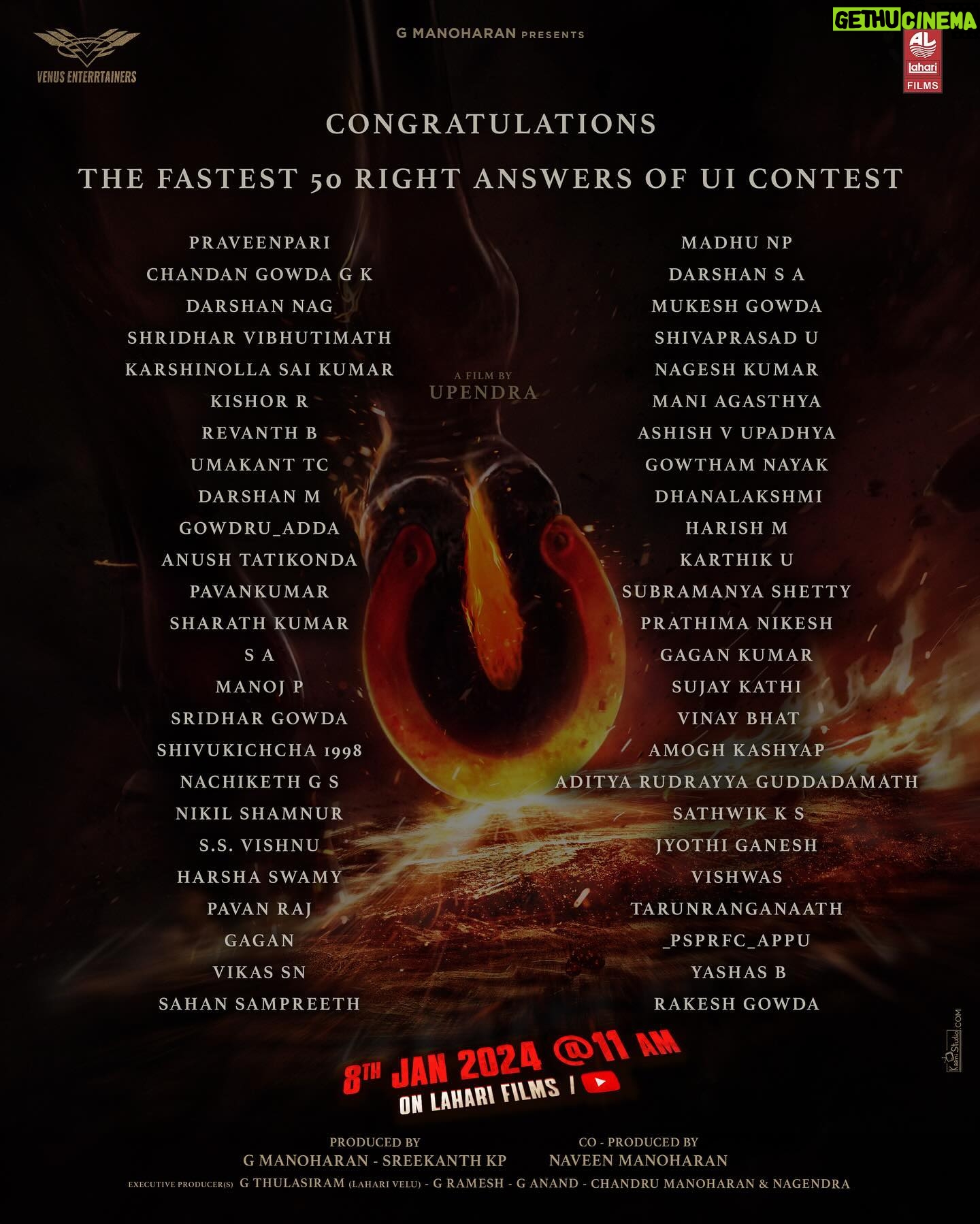 Upendra - 25.3K Likes - 👏 Hats off to the brilliant minds who emerged victorious in the #UITheMovie contest. Your dedication and creativity have truly set the bar high. Let the cheers and applause echo for our talented winners!
#UITheMovieFirstLook #UppiDirects @nimmaupendra #LahariFilms #VenusEnterrtainers #GManoharan @LahariFilms @venus_enterrtainers @sreekanthkp @naveenkmanoharan @b_ajaneesh @shivakumarart @reeshma_nanaiah @Laharimusic
