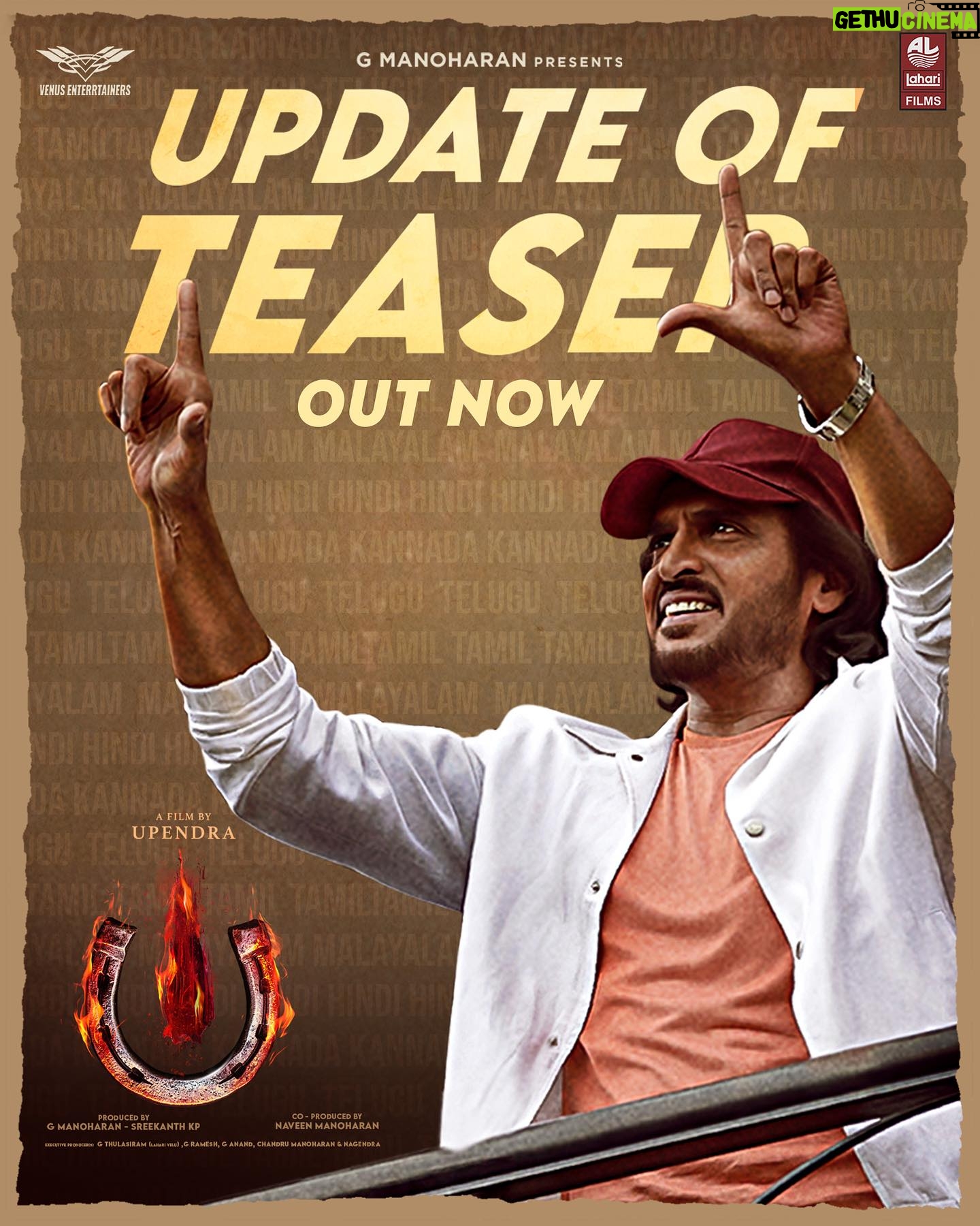 Upendra - 48.3K Likes - 💡Lights, 🎥Camera, 🎬Action!
Here's the captivating #UiTheMovie's Update Of First Look 🎞️✨
#UppiDirects @nimmaupendra #LahariFilms #VenusEnterrtainers #GManoharan @venus_enterrtainers @sreekanthkp @naveenkmanoharan @b_ajaneesh @shivakumarart @reeshma_nanaiah @Laharimusic @LahariFilms
