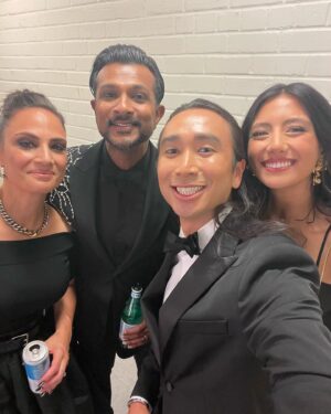 Utkarsh Ambudkar Instagram - 77th annual @thetonyawards aka Date Night with @hibiskisss 

the absolute BEST show on earth. Huge hug to @juleshough for letting me co-host with you. 

thanks @plutotv @cbstv 

styled by: @johntanstyling 
grooming: @chelseagehr 🤎🤎
HairCut: @matthewstylist 

super dope red carpet tuxedo by @_demo_official by DEREK CHAN
Shirt by @prada 
Bow-tie by @titleofwork 
Fancy a$$ Ring and watch by @officialfaberge 
Boots by @carlossantosshoes 

Act ONE look: 
shiny shoulder tux by @philippplein 
Shirt by @hugo_official 
Bow-tie by @titleofwork 
Ring and watch once again @officialfaberge 
Loafers —- stylist’s archives 

broadway is the best place on earth.