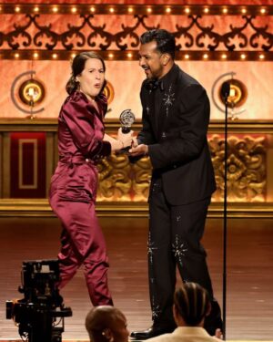 Utkarsh Ambudkar Instagram - 77th annual @thetonyawards aka Date Night with @hibiskisss 

the absolute BEST show on earth. Huge hug to @juleshough for letting me co-host with you. 

thanks @plutotv @cbstv 

styled by: @johntanstyling 
grooming: @chelseagehr 🤎🤎
HairCut: @matthewstylist 

super dope red carpet tuxedo by @_demo_official by DEREK CHAN
Shirt by @prada 
Bow-tie by @titleofwork 
Fancy a$$ Ring and watch by @officialfaberge 
Boots by @carlossantosshoes 

Act ONE look: 
shiny shoulder tux by @philippplein 
Shirt by @hugo_official 
Bow-tie by @titleofwork 
Ring and watch once again @officialfaberge 
Loafers —- stylist’s archives 

broadway is the best place on earth.