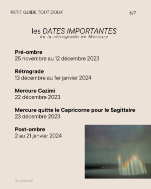 Vanessa DL Instagram - À l'aube d'une nouvelle rétrograde de Mercure, il est toujours bon de se rappeler que ce transit regorge de potentiel.

Voici donc un petit guide «tout doux» pour vous accompagner au cours des trois semaines à venir.

Vous y trouverez : 
🗓️ Les dates importantes
💡 Des petits trucs et conseils
💭 Une question de réflexion

Pour en savoir plus, on jase plus longuement dans le dernier épisode du podcast Mystique ! 

#mercureretrograde #astrologie #mystique