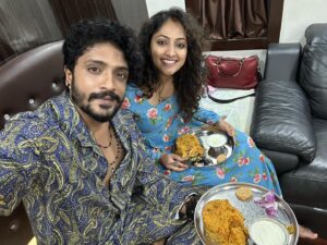 Vasishta N. Simha Instagram - Two months already..!! 
Its true, the time flies by and we barely get to realise that.. it’s overwhelming to even to recollect the moments of our wedding and our life post wedding as its been a great journey towards learning of “US”.. 
This is one such moment that cheered my soul up and hence posting these pictures..
When you paid a surprise visit to the shooting sets while i was shooting somewhere in telangana and COOKED for me and my staff.. 
Because of the long schedule away from home, I was literally craving for home food (and to see you of course ) but u brought the HOME to me..!!! @iamhariprriya ❤️

#simhapriya 
#hariprriya 
#vasishtasimha 
#wife 
#happywifehappylife 
#family