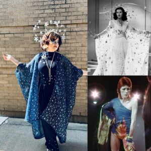 Vickie Howell Instagram - Super fun collab with my kid on an outfit for their theater company’s end-of-year banquet. I call this look, “Hedy, Meet Ziggy. Ziggy, Meet Hedy”.

Banquet theme: A Night in Starrywood (aka Old Hollywood Glamour)

Inspiration: Hedy Lamarr from Ziegfeld Girl   a dash of Ziggy Stardust (David Bowie’s alter ego)

D.I.Y. details:

We started with a store bought romper that would be comfortable for a long event, while still giving a drapey silhouette.  From there, we created or embellished. Additions/creations included:

• Shoulder pads added as a nod to the 40’s
• Hand-sewn  sequin and appliqué stars
• Organza outerwear. Simple, 2-seam “robe” I sewed with 20’s-inspired cocoon shape 
• Star headdress I created with armature wire, floral wire, beaded appliqués, crystal floral spray, and hot glue.

Are you a performer’s parent, too? I want to hear about (and see) some of your costume collabs!