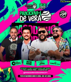 Victor Aguiar Instagram - PAGODINHO DE VERÃO ☀️ DOMINGO

📍 Jardim do Éden 

Anote aí na agenda:
Dia 23/06 a partir das 21H!

Guest List (até às 22H)
Mulheres Free 
Homens 5€

Atrações:
@opagodedoelias 
@victoraguiaroficial 
@djgugabrasil 
@xibatadj 

Você não vai ficar de fora né? 😎

- RESERVAS DE PRIVADOS:  351 966 499 334 @eusantanaluan

Produção: @seurole.pt
