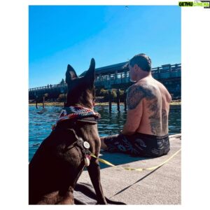 Victor Webster Instagram - Post ocean swim meditation while Nova stands guard