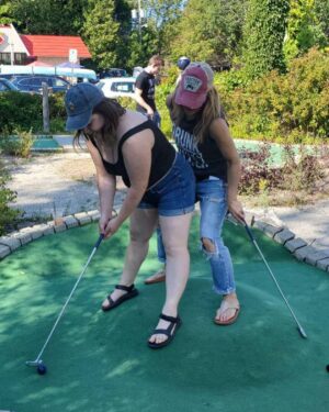 Victoria Pratt Instagram - Not sure why, but my mini golf game improved greatly once they licensed the course. Not weird. Change approved!!! 
@prettiestlaura 
@ainsliegibson 
@rosietriebner 
#saublebeach