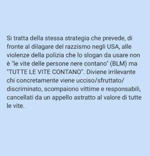 Viola Carofalo Instagram - Angelina Mango improvvisa all'Eurovision "Imagine" di John Lennon e, come ha scritto letteralmente ogni giornale italiano, "lancia il suo messaggio di pace".
Con tutta la simpatia per la cantante, direi che ci saremmo anche stancati, dopo 8 mesi e più di 35k morti, di questa retorica melensa e PERICOLOSA. 

Scriveva Fisher che il capitalismo produce discorsi/eventi apparentemente di rottura, ma ai quali "possiamo partecipare tutti". Ovvero che non incrinano nulla, che non trasformano nulla, che danno l'illusione di essere dalla parte giusta senza individuare alcun responsabile per i mali del mondo ( e dunque di fatto senza proporre alcuna soluzione). 

La parola PACE è spesso al centro di questa strategia.
Chi vuole che la gente soffra? Muoia? Debba scappare dalla propria casa o vederla distrutta? NESSUNO. 
Dunque chi vuole la guerra (e non la pace)? 
NESSUNO.
Chi è responsabile di questi morti (o della crisi climatica, o delle condizioni di sfruttamento sul lavoro, etc.)? Nessuno, perché nessuno li vuole.  Sono semplicemente COSE CHE CAPITANO. 

Si tratta della stessa strategia che prevede, di fronte al dilagare del razzismo negli USA, alle violenze della polizia che lo slogan da usare non sia "le vite delle persone nere contano" (BLM) ma "TUTTE LE VITE CONTANO". 
Diviene irrilevante chi concretamente viene ucciso/sfruttato/discriminato, scompaiono vittime e responsabili, cancellati da un appello astratto al valore di tutte le vite. 

Di fronte a un genoc1di0, non solo non basta affermare: "vogliamo vivere in pace" "W la pace", ma è anche pericoloso, perché cancella, annega nella melassa, la semplice evidenza che è necessario dire che chi opprime, chi stermina deve essere fermato ad ogni costo. 
Quali sono, insomma, le condizioni REALI della pace che invochiamo: la cancellazione di un popolo? O il suo riconoscimento? 

Bisogna avere il coraggio di dire che le vite palestinesi contano, che la pace che vogliono gli oppressori significa stermino, che "fanno il deserto e lo chiamano pace". 

🍉❤