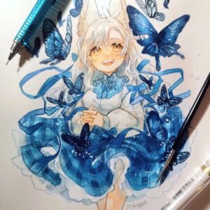 Wakana Instagram - 青いフレアスカート
#watercolor 
#illustration