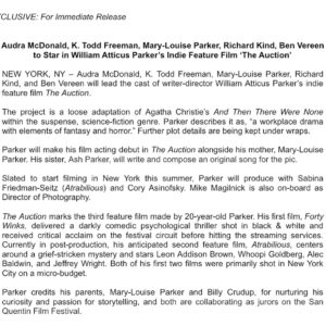 William Atticus Parker Instagram - so excited for this one. welcome to your new office space. 🛗 #theauction #williamatticusparker #audramcdonald #ktoddfreeman #marylouiseparker #richardkind #benvereen #sabinafriedmanseitz #coryasinofsky #mikemagilnick #ashparker #film #indiefilm #sciencefictionfilms #thrillerfilms #fantasyfilms #horrorfilms