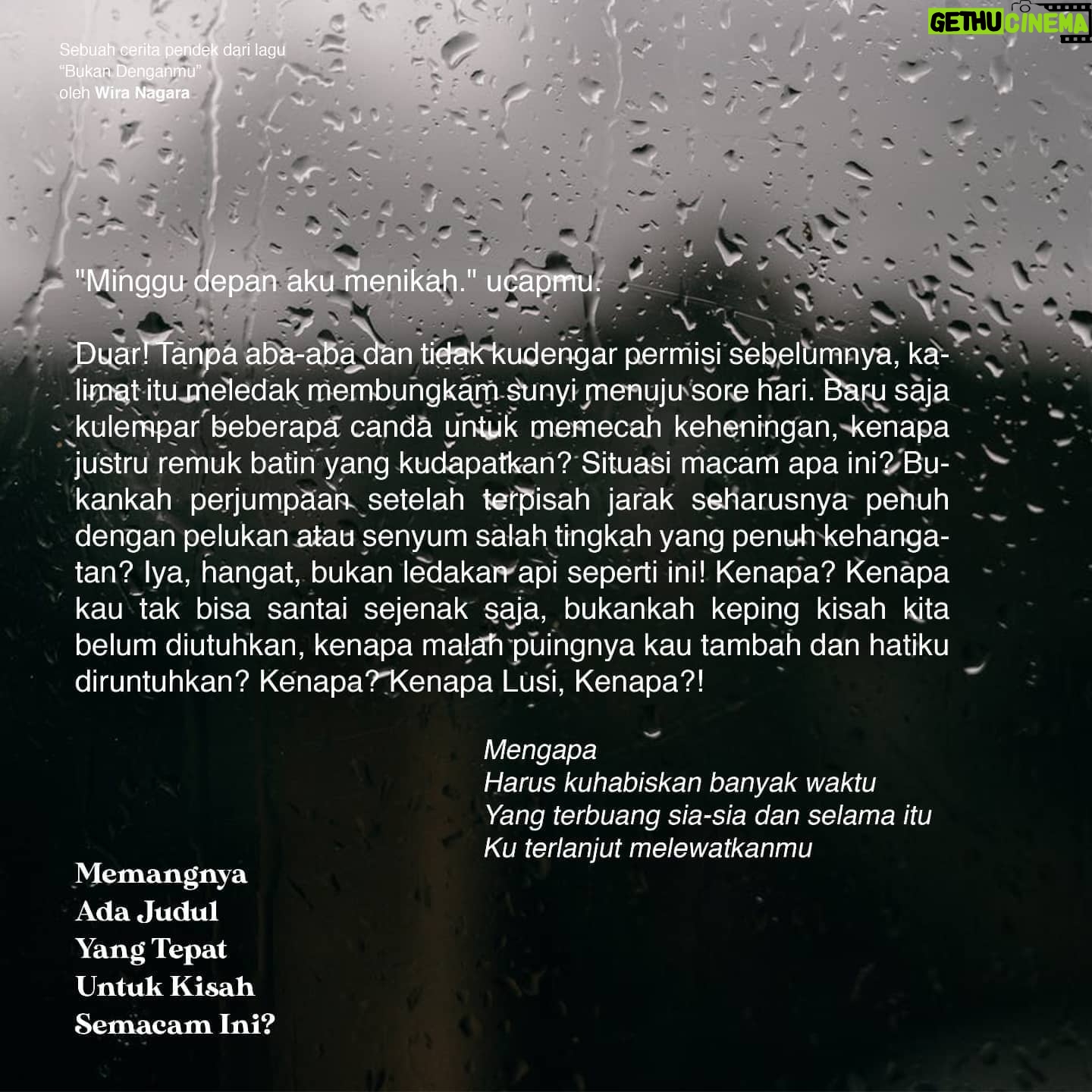 Wira Nagara - 22.9K Likes - Menulis lagi untuk interpretasi karya Good Morning Everyone, dari lagu "Bukan Denganmu": Memangnya Ada Judul Yang Tepat Untuk Kisah Semacam Ini?
.
Dengarkan lagunya di seluruh platform musik dan nikmati video klipnya di Youtube.
@gme_id / #BukanDenganmu