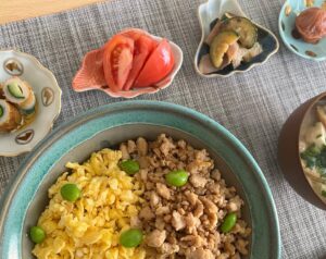 Yoko Mitsuya Instagram - そぼろでお昼ごはんだった日🍚
なぜかそぼろがパサパサになった☺️

この可愛い豆皿セットは
以前、希妃ちゃま @kikisugino から誕生日プレゼントでいただいたもの♡

めーーっちゃお気に入り🫶🏻🥰