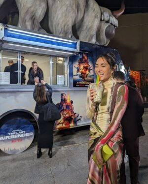 Yvonne Chapman Instagram - Have to give a special thanks to the beauts who got me out of my usual fare of sweatpants for the #avatarthelastairbender premiere 🤍 It was so much fun pulling together this look with you! And the bubble tea was an unexpected but delightful addition to tie it all together 😂 

Hmu: @nadiahoecklin 
Styling: @nora_foley 
Dress: @silviatcherassi
Shoes: @charleskeithofficial
Jewelry: @misho_designs 
Clutch: @rodofirenze