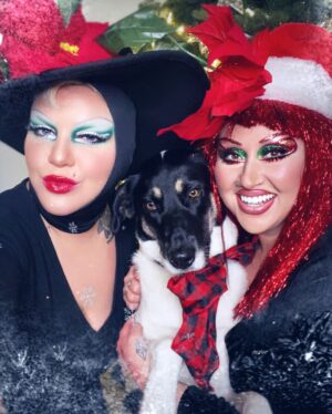 Yvonne MacInnis Instagram - The Holi-Gays are here again! 

Our annual drags-giving festivity was even more fabulous because of this makeup inspired by the amazing @itsravenhunty_ 🎄❤️🌈🎄💖⚡️

Swipe right for the family holigay card featuring @lijhajade and the real diva, @miz_ziggy 🐾 🎀 🐶

#holigays #mychosenfamily #queerdo #diva #makeupartist #dragqueen #dragqueen #divastyle #makeupartists #holidayseason #holidaymakeup