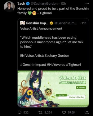Zachary Gordon Instagram - Honored and proud to be a part of the Genshin family 💚😊 - Tighnari @genshinimpact
