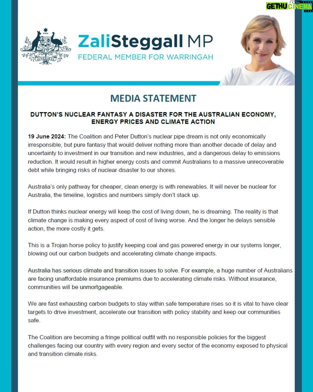 Zali Stegall - 131 Likes - ❌Dutton’s nuclear fantasy is a disaster for the Aust economy, energy prices & climate action. This is a Trojan horse policy to keep coal and gas firing. The longer we delay sensible action, the more costly this will get‼️ #auspol
Full statement at 🔗in bio.