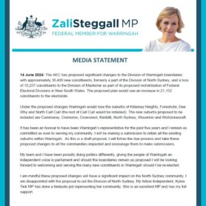 Zali Stegall Instagram - My statement regarding the proposed @auselectoralcom NSW Federal Electoral Division Redistribution: 
🔗 in bio.
#auspol