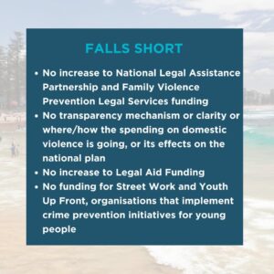 Zali Stegall Instagram - Budget Snapshot: Safety

Australia is facing a crisis of women’s safety yet there are no significant, sustained funding increases needed to address male violence and women’s safety. There’s no significant funding increase for legal services such as Legal Aid and Women’s Legal Services Australia.