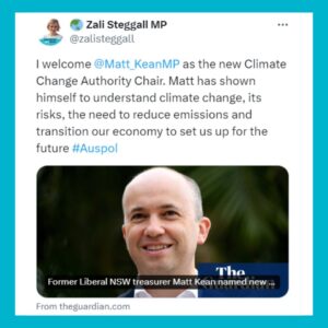 Zali Stegall Instagram - I welcome @mattkeanmp as the new Climate Change Authority Chair. 

Matt has shown himself to understand climate change, its risks, the need to reduce emissions and transition our economy to set us up for the future #Auspol