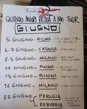 Zerocalcare Instagram - Ciao questo è l'orrido tour di giugno. Nella seconda slide una rappresentazione plastica di quanto cazzo sto esaurito poco prima che mi mettessi a spaccare tutto quello che avevo a tiro.