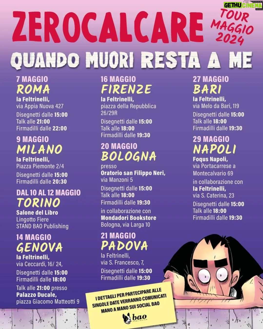 Zerocalcare - 39.3K Likes - Questo è il tour della morte e della disperazione di maggio. Ve prego non me scrivete "ma vedo che tra genova e palermo hai un giorno libero vieni a torrita tiberina" perché i giorni vuoti so de spostamento e devo fa le lavatrici e andà a rifà i documenti che me so perso il portafogli.