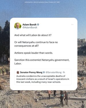 Adam Bandt Instagram - 9 months of war crimes. This is Labor’s action: hand-wringing tweets.

Since taking office Labor has imposed  thousands of sanctions on Russia. 

But not a single sanction on Israel. Why not?

Labor could take action. They’re choosing not to. 

These atrocities will only continue if Governments like ours refuse to put pressure on the perpetrators.