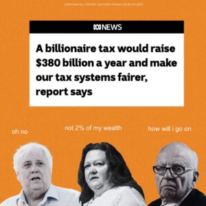 Adam Bandt Instagram - Time to make the billionaires pay up.

According to a new report, if the world’s 3,000 billionaires had to pay a minimum amount of tax each year, equal to 2% of their wealth, global tax revenues would be up to $380 billion higher.

Governments around the world could use that money to tackle to inequality, poverty and the cost of living.

What do you reckon Clive, Gina, Rupert?

You in? ✋