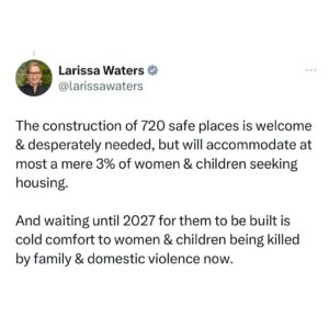 Adam Bandt Instagram - This is not new and not adequate to address the scale of this crisis. 

720 safe places is a drop in a very large ocean of need - at most it could help 3% of people who need help - and they won’t provide anyone safety until 2027.

This government keeps making announcements, but there’s never any new or adequate funding for frontline services, which is what the women’s safety sector and this crisis of men’s violence demands.