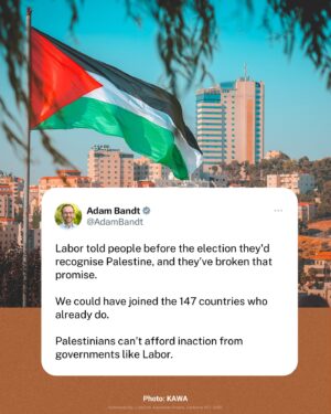Adam Bandt Instagram - The Greens moved a motion in the Senate to recognise the state of Palestine. 

We could have joined 147 countries who already have, but Labor & the Liberals shamefully voted against it.

Senator Payman courageously crossed the floor to vote with us, showing up every Labor MP who pretends to care but doesn’t take action. 

We will not stop pushing for justice for Palestine, and for an end to the occupation, invasion and genocide.