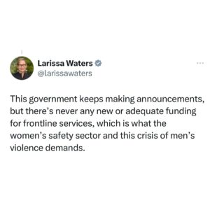 Adam Bandt Instagram - This is not new and not adequate to address the scale of this crisis. 

720 safe places is a drop in a very large ocean of need - at most it could help 3% of people who need help - and they won’t provide anyone safety until 2027.

This government keeps making announcements, but there’s never any new or adequate funding for frontline services, which is what the women’s safety sector and this crisis of men’s violence demands.
