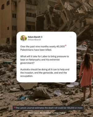 Adam Bandt Instagram - The international community must come together and sanction Israel.

End the invasion, end the genocide and end the occupation.