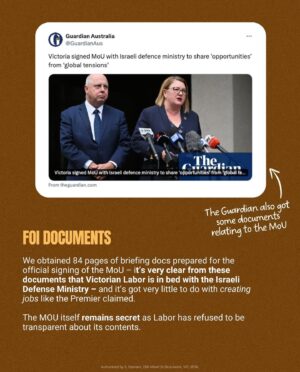 Adam Bandt Instagram - Our @victoriangreens team FOI’d documents surrounding the Victorian Labor Government’s signing of an MoU with the Israeli Defence Ministry.

Here’s what they found out ⬆️