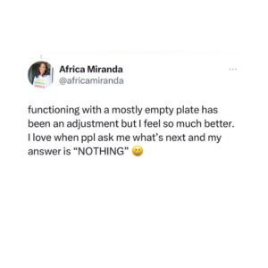 Africa Miranda Instagram - twitter is where I share my inside thoughts outside. this unexpectedly resonated w/ a lot of people, so for #mentalhealthawarenessmonth I felt it would be good to share here. thank you to everyone who shared/commented there, LinkedIn and other places. clearly we are all carrying a lot 🤍 

stepping away from what I like to call the “Black Girl Magic Industrial Complex” has been an adjustment. we’re rewarded with social and literal currency to be our shiniest overachieving selves, meanwhile many of us are barely holding on. while i can’t speak for everyone - it wasn’t sustainable for me. 

i didn’t expect such an overwhelming response and it is VERY clear this is an extended convo worth having - and when the right platform presents itself I look forward to sharing and diving into it more. 

xo🤍