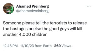 Ahamed Weinberg Instagram - Updated

One week later we have lost at least another 1,000 children to the relentless bombing of Gaza. It must stop.

All innocent lives lost are a massive tragedy to human consciousness. Killing 11,000 humans, depriving millions of water and food, destroying their hospitals, mosques, and churches, is not the correct answer. We are funding this and it’s not ok. We can’t stand for this.