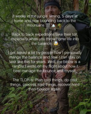 Aldo Kane Instagram - Bouncing from Jungle to home to Mountains, hectic filming schedule, and a baby on the way.  I wrote up a few things I do to keep the train on the tracks. Flick through......

1st thing, though, that makes it all possible is an amazing @annawmson doing the actual hard yards of  holding down the fort. 😍 💪🏽

@ospreyeurope #expeditions #filming #adventure #headspace #recovery