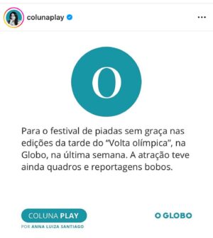 Alex Escobar Instagram - Obrigado, João Paulo @sitenatelinha ! Que bom que se identifica, curte, entrou na brincadeira. Compartilhamos o gosto pela leveza e bom humor. Seu texto me deixou muito feliz! Quanto à moça da nota zero, não levo pro coração. É o seu trabalho e seu direito não se identificar. Mas tenho que dizer, não deve ser uma boa companhia pra tomar um cafezinho.