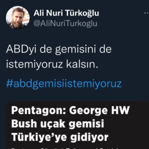 Ali Nuri Türkoğlu Instagram - Gittiği yere felaket götüren, girdiği yerden çıkmayan ABDyi de gemisini de istemiyoruz kalsın. 

"illa amerikanın keşfinden mi başlayalım?
Kızılderililer,çiçek soykırımı, zenciler,dünya savaşları, Irak,Afganistan,Suriye, Mısır,Libya,insan safarileri,pyd,pkk,daeş,fetö,1960-1980 darbeleri ve dünyadaki diğerleri,15 temmuz bişey ifade etmiyorsa ne edelim. 
Allah şifa versin deriz."
#abdgemisiniistemiyoruz 
#deprem #afad