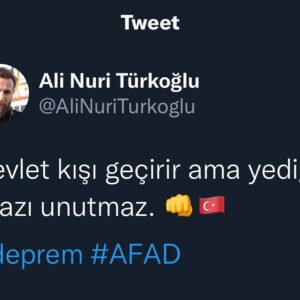 Ali Nuri Türkoğlu Instagram - Çok kışlar gördü bu devlet. 
Bunu da aşar. 
Vakarıyla, sabrıyla, âlicenaplığıyla maruf Milletin Devleti her dem güçlüdür. 
Unutur sanırsın ama Devlet unutmaz. 

*OKUDUĞUNU ANLAMAYANLAR, 'GÖNLÜNE GÖRE' YORUMLAYANLAR OLMUŞTUR OLACAKTIR DA. 
Yine de anlamak isteyenlere 
DAHA AÇIK İFADE EDEYİM;
DEVLET-MİLLET BERABERDİR. DEVLETE YAPILAN MİLLETE YAPILANDIR. 
KÖTÜ NİYETLİ İNSANLARIN TEZVİRATLARINA PRİM VERMEYELİM. 
DEVLET ELİNDEN GELENİN EN İYİSİNİ YAPMAYA ÇALIŞIRKEN SURETİ HAKTAN- HALKTAN GÖRÜNÜP DEPREMZEDELERİN DE, KAMU KURUM VE ÇALIŞANLARININ DA, ONLARA YARDIM İÇİN KOŞTURANLARIN DA MORALLERİNİ BOZMAYA KİMSENİN HAKKI YOKTUR. DEVLET TÜM İMKANLARIYLA BU BÜYÜK FELAKETİN YARALARINI SARMAYA ÇALIŞIRKEN, YAŞANAN AKSAKLIKLARI EKSİKLERİ DE DİLE GETİRİYOR, YETİŞMEYE ÇALIŞILDIĞINI HER FIRSATRA İFADE EDİYOR. BUNU KİŞİSEL İKBALLERİ İÇİN "DEVLET SAHADA YOK" İFTİRASI BOYUTUNA TAŞIYANLAR NET KÖTÜ NİYETLİDİR. 
DEVLET/MİLLET BUNLARI UNUTMAZ. 
SÖYLEDİĞİM SÖYLEYECEĞİM BUNDAN İBARET.
👊🇹🇷
#Devlet 
#Türkiye 
#deprem #depremler