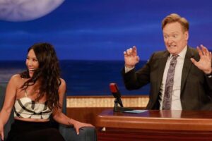 Ally Maki Instagram - Still the best night of my life. Still my celeb crush for life. Will never forget my first ever late night appearance on CONAN. I remember when I got the call that I was going to go on it was the week we were filming Wrecked on a giant cruise boat in Fiji and having a cream corned food fight. I stank of old rotting canned corn and was so sea sick I thought I was going to vomit directly onto our DP. I went into my little sea cabin room covered in filth and 100% vertigo and cried my eyes out with excitement. It’s moments like these you never forget. Can’t believe I got to chat about king crab legs with the funniest man on the planet. Thank you for the years of laughs and for making so many people’s dreams come true @teamcoco ❤️‍🔥 #CONAN