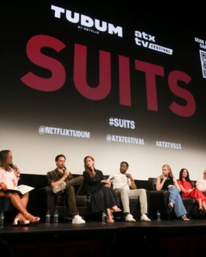 Amanda Schull Instagram - Thank you @atxfestival for your gracious hospitality during a wonderful weekend chatting all things #Suits
We gabbed, we cried, we spilled the 🫖. 
We also announced that @netflix now has #Suits Season 9! And that @patrickjadams and @iamsarahgrafferty have a podcast out that shares all kinds of delicious tidbits; #sidebar 

💃: @peggyhartanto courtesy of the divine @brooklynprla (I could wear this jumpsuit for breakfast lunch and dinner: #IYKYK) 
👠: @manoloblahnik (from the closet of my favorite lawyer, KB)
💇‍♀️/💄: @artie_rose 
📸: Jack Plunkett; Ursula Rogers, @opulenceofveree and a little sneaky candid 📷 by the gorgeous @sleepinthegardn