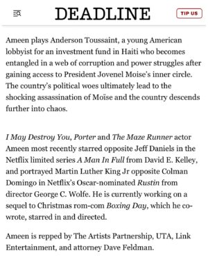 Aml Ameen Instagram - KILLING OF A NATION
An Important story. 
A Hidden story. 
A Haitian and American story.

I love working with inspired filmmakers, I’ve been lucky enough to come across a great many in my career, Carlos Bolado (@cbolex )is one of them.  Also shout to our producer @olguitasegura working diligently to help his vision come to life. Our cast and crew did the deep work.  Some movies you get the opportunity to work through your own stuff, this film was a cathartic journey for me.

Look forward to sharing. 

Big love
AA 🖤