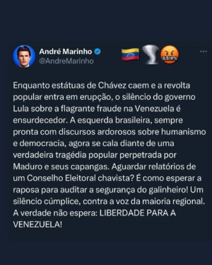 André Marinho Instagram - Quando o silêncio fala mais alto que as palavras 🇻🇪🌪️🤬 LIBERDADE PARA A VENEZUELA! Afinal, na sua opinião: qual o caminho agora para a diplomacia brasileira?! Vote na enquete e deixe sua opinião aqui nos comentários 👇🏼
