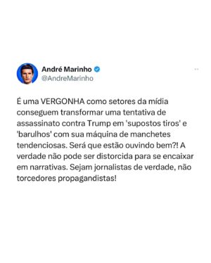 André Marinho Instagram - 🇺🇸🤯📰📉 Não podemos deixar passar o desserviço prestado por setores acanalhados da imprensa que confundem “cautela jornalística” com manipulação tendenciosa. Seja em Juiz de Fora-MG em 2018 ou em Butler, Pennsylvania em 2024, vivemos num momento da história em que a política degringola para a selvageria. É hora de exigir VERDADE e RESPONSABILIDADE!