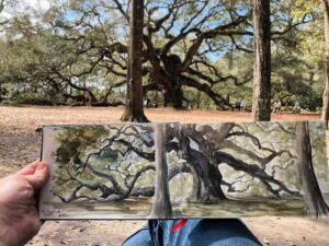 Andrew Peterson Instagram - So nice to be in Charleston again. I’ve heard about the Angel Oak for years, and even mentioned it in my book (The God of the Garden), but today was my first chance to see it in person and do some painting. I read somewhere that it’s the oldest living thing east of the Mississippi, and whether or not that’s true, it’s truly astonishing. I think there are a few tickets left for tonight’s Resurrection Letters show, so see the website for deets.