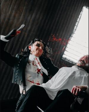 Andy Biersack Instagram - My earliest memory of being scared is hearing “The Ballad of Sweeney Todd” from the original 1979 cast recording. I was both terrified and fascinated by Len Cariou’s portrayal. As a kid, I learned all the lyrics to songs like ‘Johanna’ and ‘My Friends’ and would sing them constantly. The 2007 film by Tim Burton only deepened my obsession and it became my dream to play Sweeney Todd in some capacity. The “Bleeders” music video fulfills this wish in so many ways. A huge thank you to @jensennoen and his incredible team for creating my favorite video we have ever done, to @erikron for helping us craft the song, to my BVB brothers for their passion, creativity and constant hard work, our label @spinefarmrecords for their full fledged support and belief in the concept, and to all of YOU for making it possible for us to do this in the first place. This project is a dream come true.

All BTS photos by @anabeldflux 
Director: Jensen Noen Producers: Phoenix Vaughn   Ruth Devereaux   Ashley Haines
Executive Producers: Frank Borin   Ivanna Borin Production Company: Blesscode Entertainment Production Designer: Albina Kim Director of Photography: Powell Robinson VFX: Alex Verenchyck   Tilt VFX
Colorist: Joseph Bicknell at Company 3
Costume Designers: Orchid Satellite   Elias Martinez Art Directors: Arthur Guimares   Shoaib Shawl 1st AD: Tiffany Waxler Crane Op: Eli Franks Stunt Coordinator: Max Heavenrich Makeup Designer: Sheila Bond
BVB Makeup Artist: Nikki Hernandez Hair Stylist: Phil Saunders BVB Jackets: Saints of the Undead Gaffer: Nate Thompson
Key Grip: Adam Shambour CAST:
Young Sweeney: Carl Eilers Policeman: Al Burke Priest: Robert Sisko Judge: Joseph Lopez Young Girl: Cali Kira Mother: Saskia Baurr