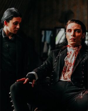Andy Biersack Instagram - My earliest memory of being scared is hearing “The Ballad of Sweeney Todd” from the original 1979 cast recording. I was both terrified and fascinated by Len Cariou’s portrayal. As a kid, I learned all the lyrics to songs like ‘Johanna’ and ‘My Friends’ and would sing them constantly. The 2007 film by Tim Burton only deepened my obsession and it became my dream to play Sweeney Todd in some capacity. The “Bleeders” music video fulfills this wish in so many ways. A huge thank you to @jensennoen and his incredible team for creating my favorite video we have ever done, to @erikron for helping us craft the song, to my BVB brothers for their passion, creativity and constant hard work, our label @spinefarmrecords for their full fledged support and belief in the concept, and to all of YOU for making it possible for us to do this in the first place. This project is a dream come true.

All BTS photos by @anabeldflux 
Director: Jensen Noen Producers: Phoenix Vaughn   Ruth Devereaux   Ashley Haines
Executive Producers: Frank Borin   Ivanna Borin Production Company: Blesscode Entertainment Production Designer: Albina Kim Director of Photography: Powell Robinson VFX: Alex Verenchyck   Tilt VFX
Colorist: Joseph Bicknell at Company 3
Costume Designers: Orchid Satellite   Elias Martinez Art Directors: Arthur Guimares   Shoaib Shawl 1st AD: Tiffany Waxler Crane Op: Eli Franks Stunt Coordinator: Max Heavenrich Makeup Designer: Sheila Bond
BVB Makeup Artist: Nikki Hernandez Hair Stylist: Phil Saunders BVB Jackets: Saints of the Undead Gaffer: Nate Thompson
Key Grip: Adam Shambour CAST:
Young Sweeney: Carl Eilers Policeman: Al Burke Priest: Robert Sisko Judge: Joseph Lopez Young Girl: Cali Kira Mother: Saskia Baurr