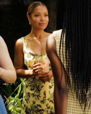 Antonia Thomas Instagram - Thank you to lovely @emiliawickstead and Michelle for the most gorgeous lunch. The Pre-fall collection is an absolute treat (as were the palomas 😉)”

Dress and shoes @emiliawickstead
Bag @lunier.paris 
Earrings @alighieri_jewellery 
Styling @hollyevawhite 
Make up @jennifer_makeup 
📸 @darren_gerrish