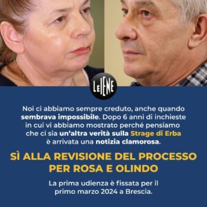 Antonino Monteleone Instagram - ‼️Sì ALLA REVISIONE DEL PROCESSO PER ROSA E OLINDO‼️

Noi ci abbiamo sempre creduto, anche quando sembrava impossibile. Dopo 6 anni di inchieste in cui vi abbiamo mostrato perché pensiamo che ci sia un’altra verità sulla Strage di Erba è arrivata questa notizia clamorosa.

La prima udienza è fissata per il primo marzo 2024 a Brescia #LeIene @a_monteleone @gonzogiornalism